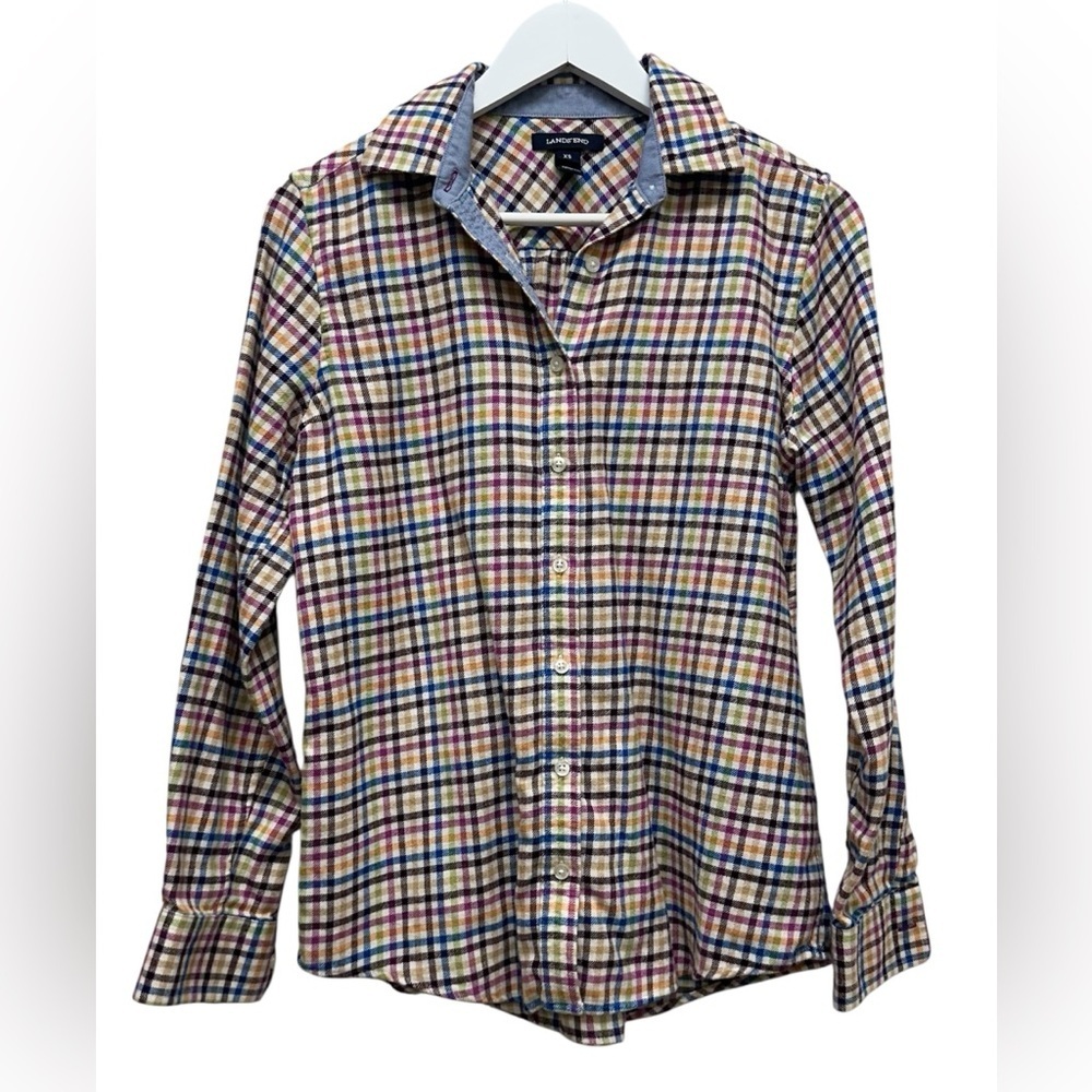 Lands' End Women's Flannel Multicolor Plaid Button Down Shirt Top Sz XS
